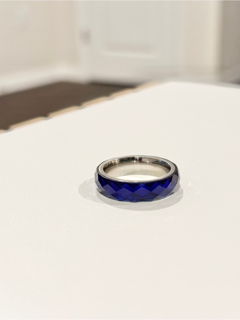 Silver Tone Size 8 Blue Faceted Chevron Statement Ring Modern Band